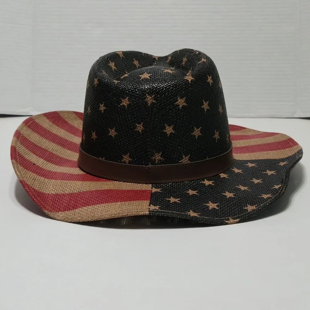 American Flag Cowboy Hat Woven Paper Straw Patriotic USA Western One Size